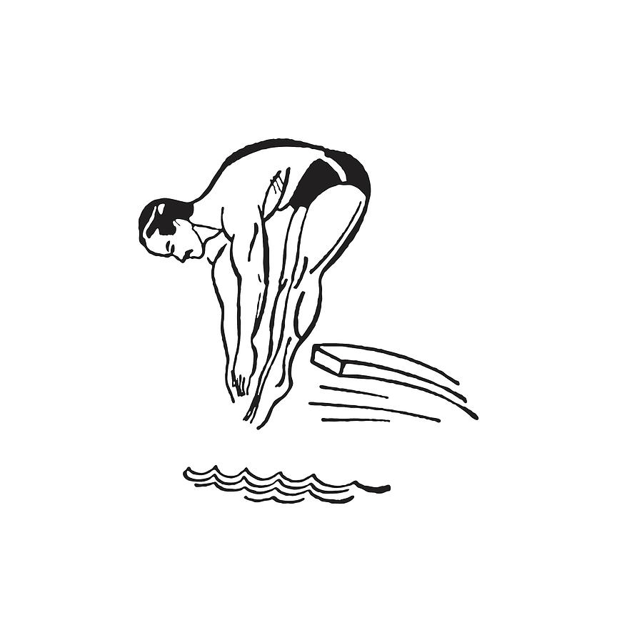 Black And White Drawing - Male Diver in Pike Position by CSA Images