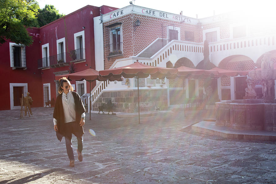 Male Mexican Wearing Black Poncho, At Square Of Puebla During Sunrise