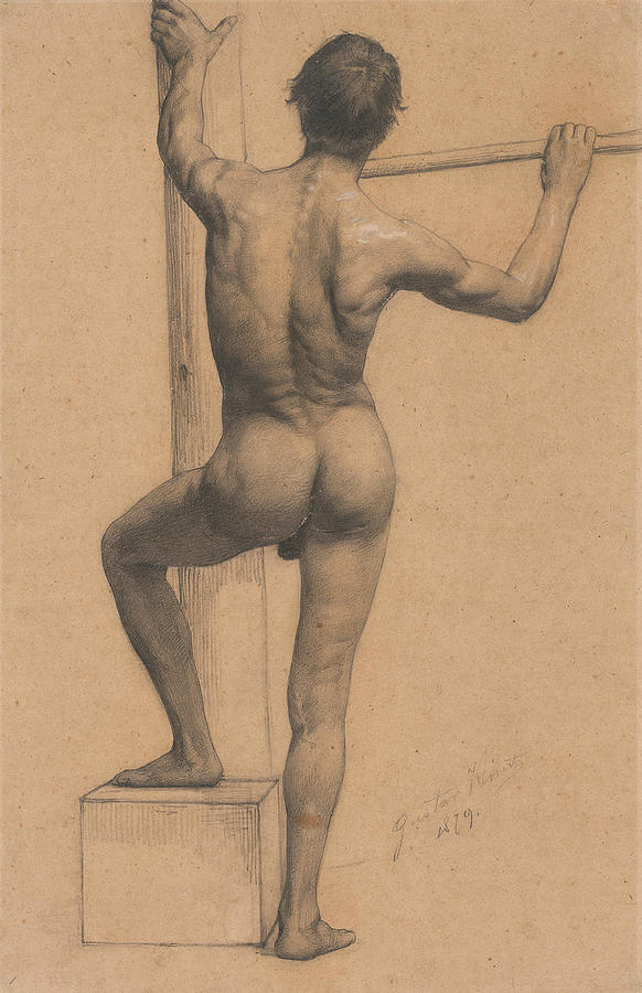 Male Nude with Left Foot on a Pedestal Drawing by Gustav Klimt