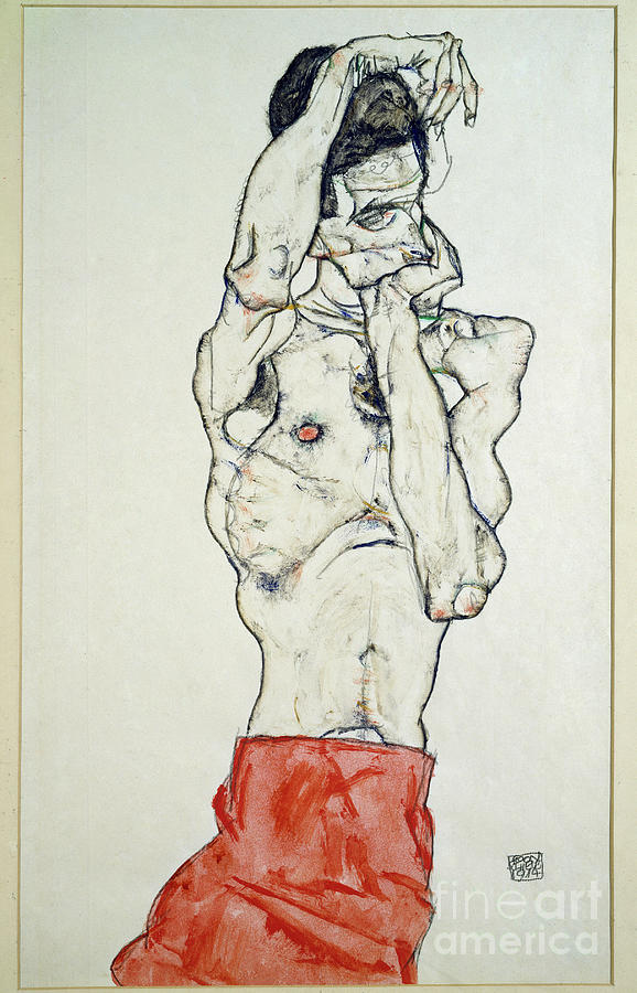 Egon Schiele Drawing - Male Nude With Red Sheet by Egon Schiele
