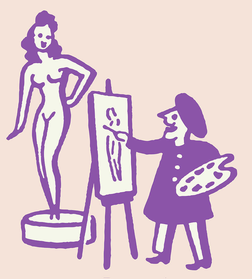 Vintage Drawing - Male Painter at Work with Female Nude Model Posing by CSA Images