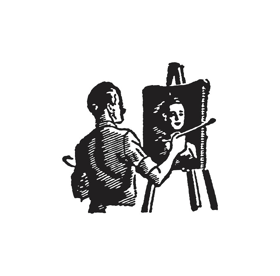 Black And White Drawing - Male Painter Working on Female Portrait by CSA Images