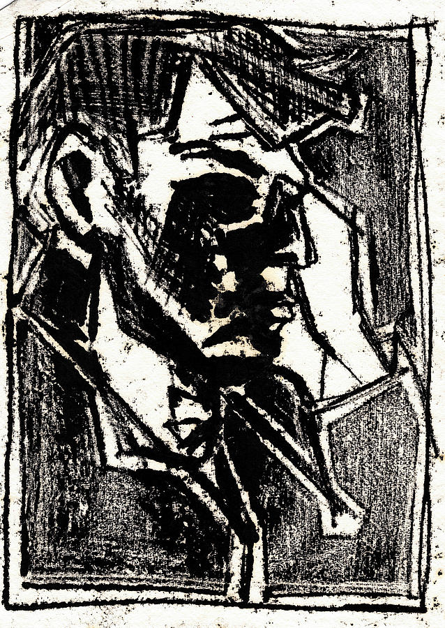 Male Side Portrait Black Oil Drawing Drawing by Edgeworth Johnstone