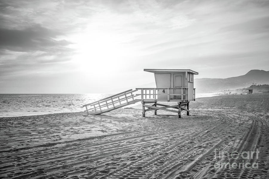 Beach Photograph - Malibu Zuma Beach Lifeguard Tower #4 Sunset in Black and White by Paul Velgos