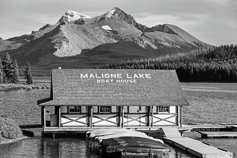 Maligne Lake Boat House and Mountain Jasper National Park Albert Canada Canadian Rockies B and W Photograph by Toby McGuire