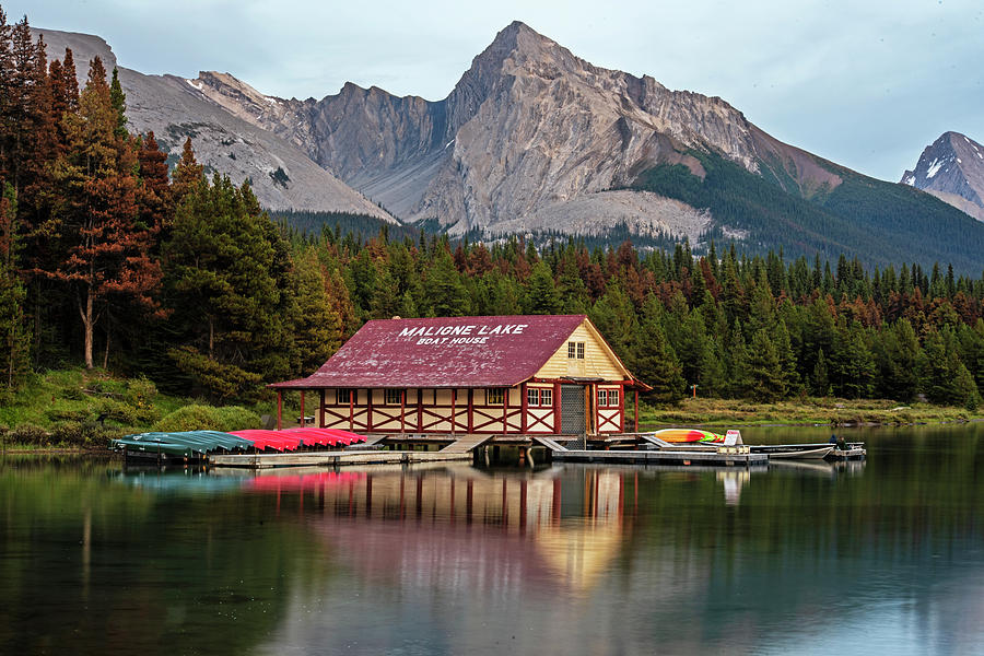 Maligne Lake Boat House and Mountain Jasper National Park Albert Canada Canadian Rockies Mountain Photograph by Toby McGuire