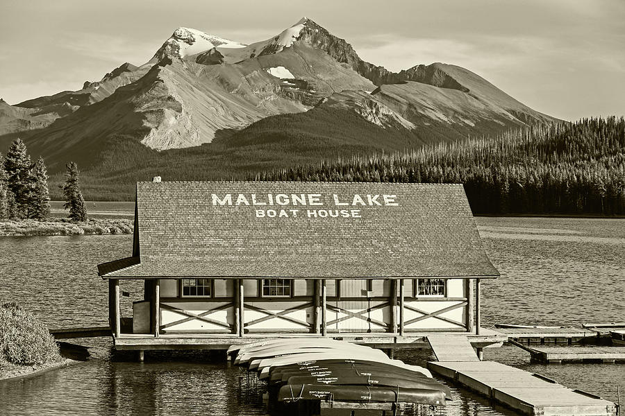 Maligne Lake Boat House and Mountain Jasper National Park Albert Canada Canadian Rockies Sepia Photograph by Toby McGuire