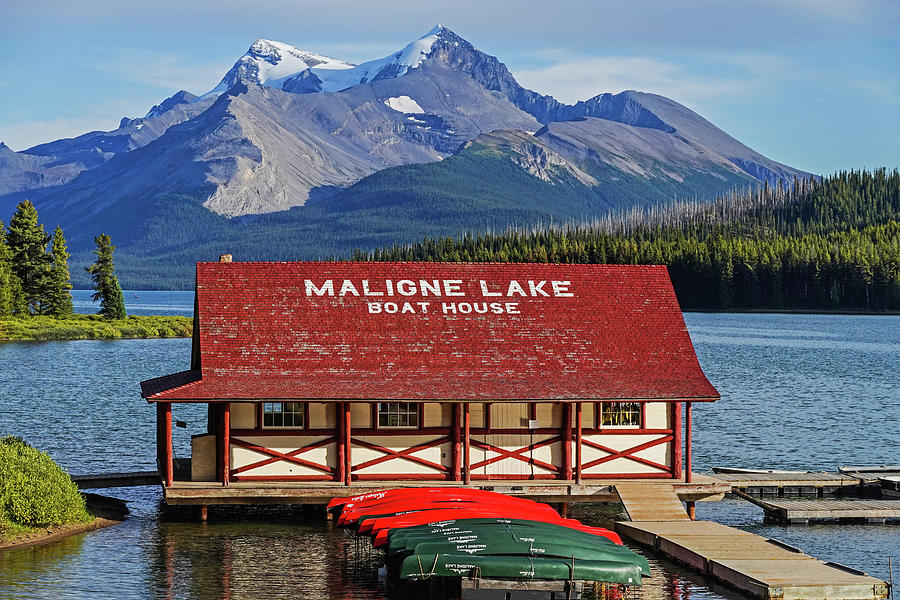 Maligne Lake Boat House and Mountain Jasper National Park Albert Canada Canadian Rockies Photograph by Toby McGuire