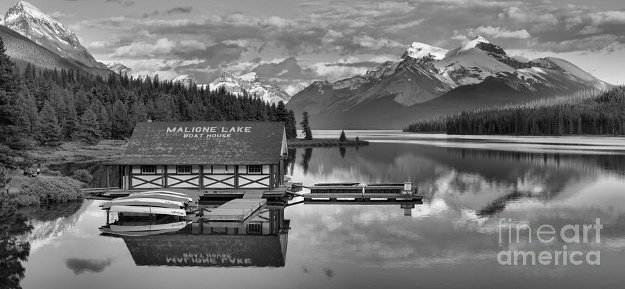 Maligne Lake Boathouse In The Canadian Rockies Black And White Photograph by Adam Jewell