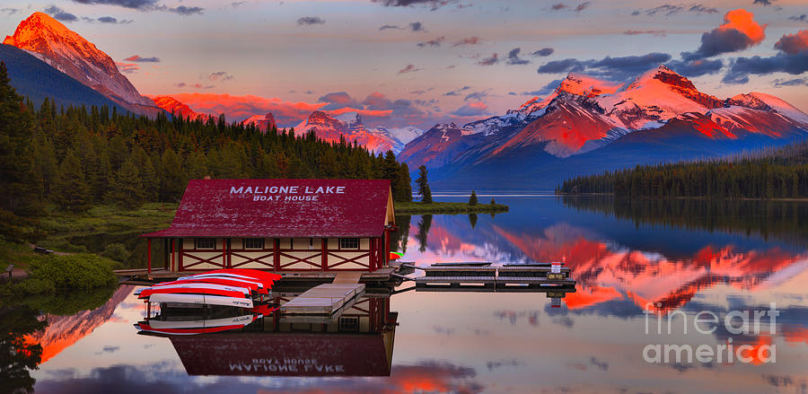Maligne Lake Fiery Sunset Peaks Panorama Photograph by Adam Jewell