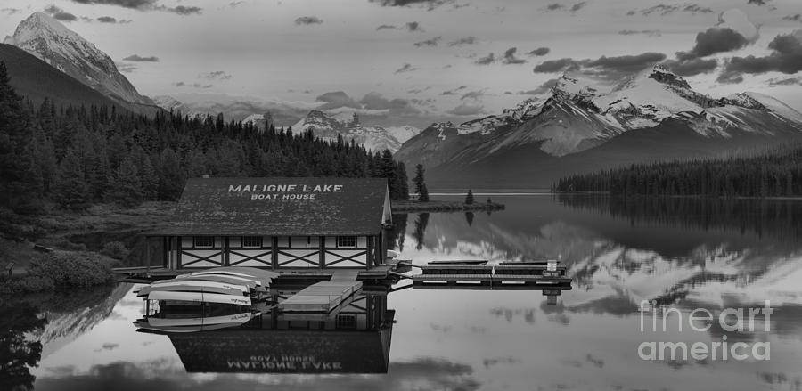 Maligne Lake Fiery Sunset Peaks Panorama Black And White Photograph by Adam Jewell