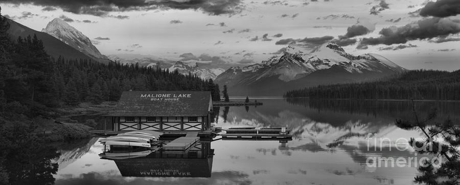 Maligne Lake Glowing Peaks Black And White Photograph by Adam Jewell