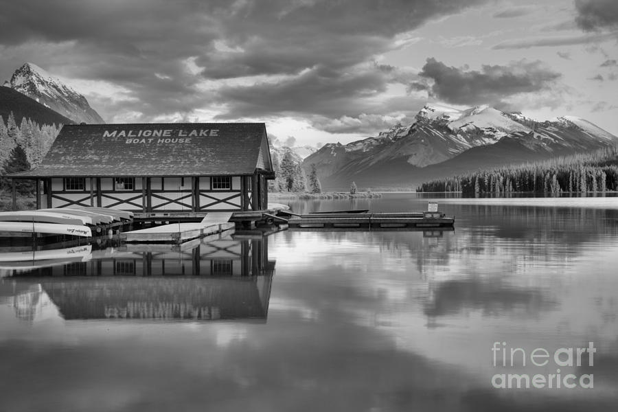 Maligne Lake Pink Clouds And Golden Glow Black And White Photograph by Adam Jewell