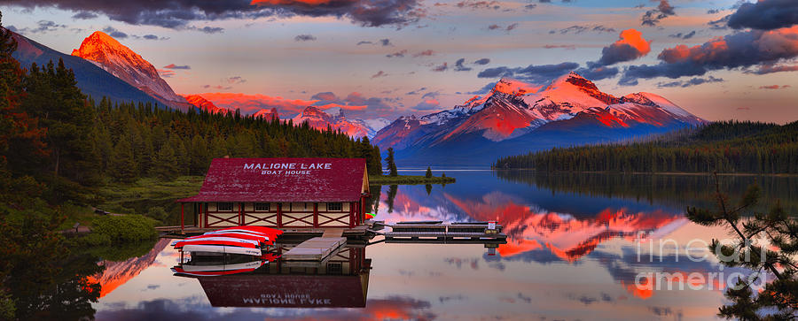 Maligne Lake Reflection Sunset Panorama Photograph by Adam Jewell