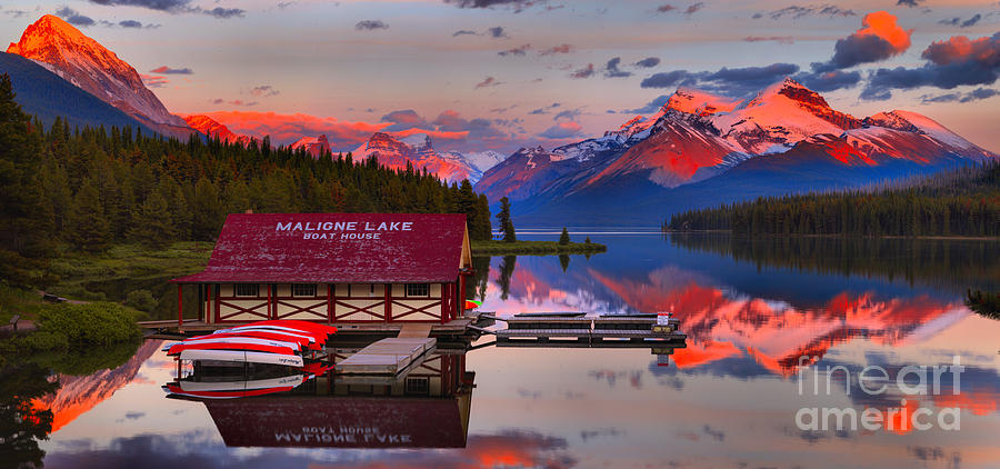 Maligne Lake Reflection Sunset Panorama Crop Photograph by Adam Jewell