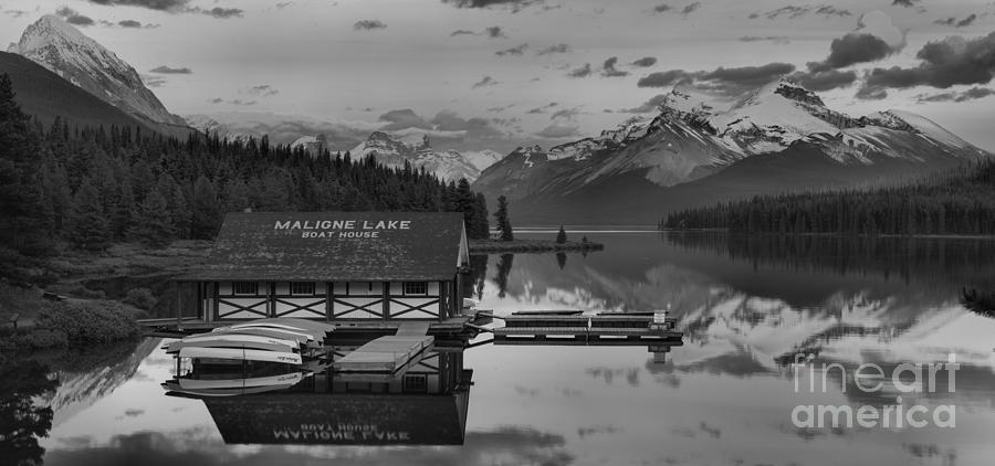 Maligne Lake Reflection Sunset Panorama Crop Black And White Photograph by Adam Jewell