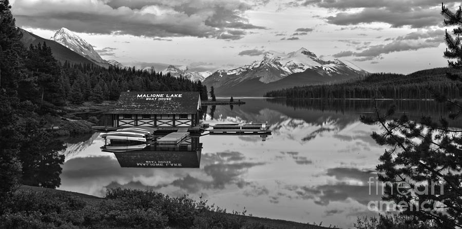 Maligne Lake Sunset Through The Trees Black And White Photograph by Adam Jewell