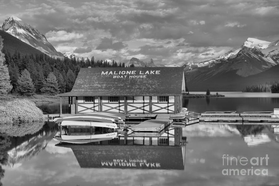 Maligne Reflections Between The Peaks Black And White Photograph by Adam Jewell
