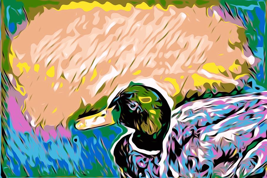 Mallard Duck With Yellow Green Pink And Blue Abstract Background 