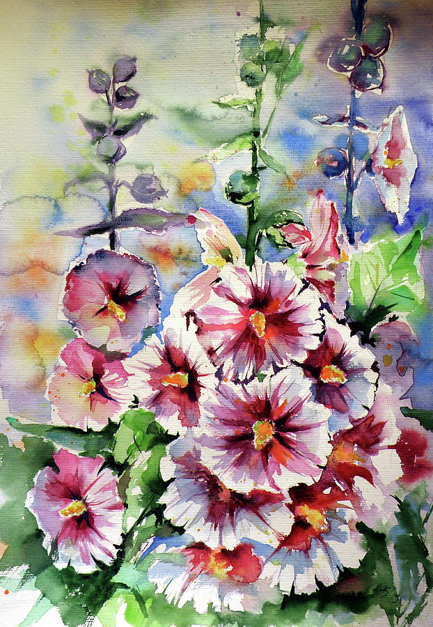 Flowers Still Life Painting - Mallow flower by Kovacs Anna Brigitta