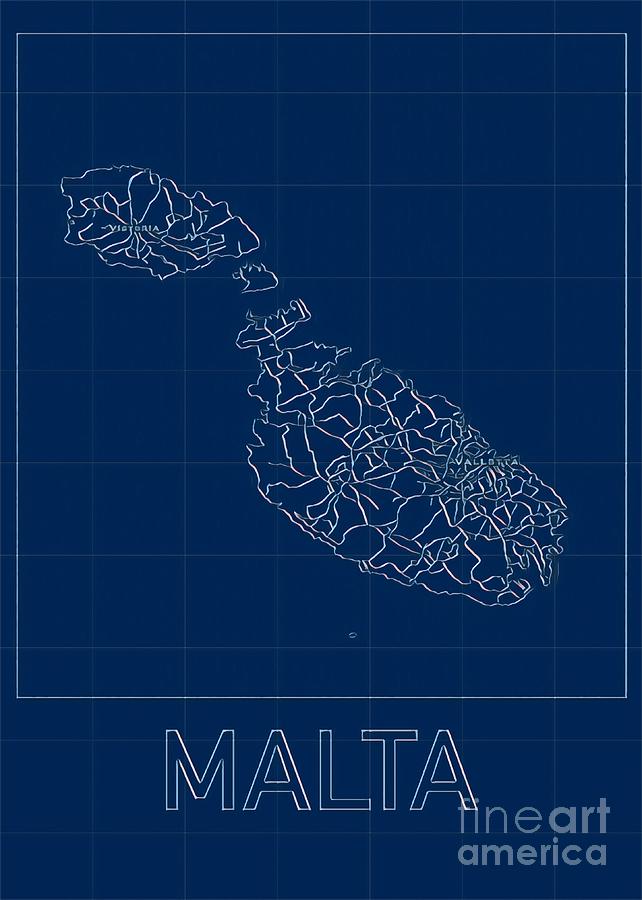 Malta Blueprint Map Digital Art by HELGE Art Gallery