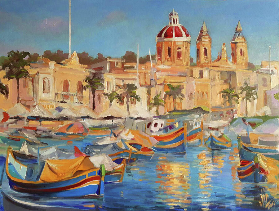 Malta Marsaxlokk the fishing Village with colourful boats  Painting by Vali Irina Ciobanu
