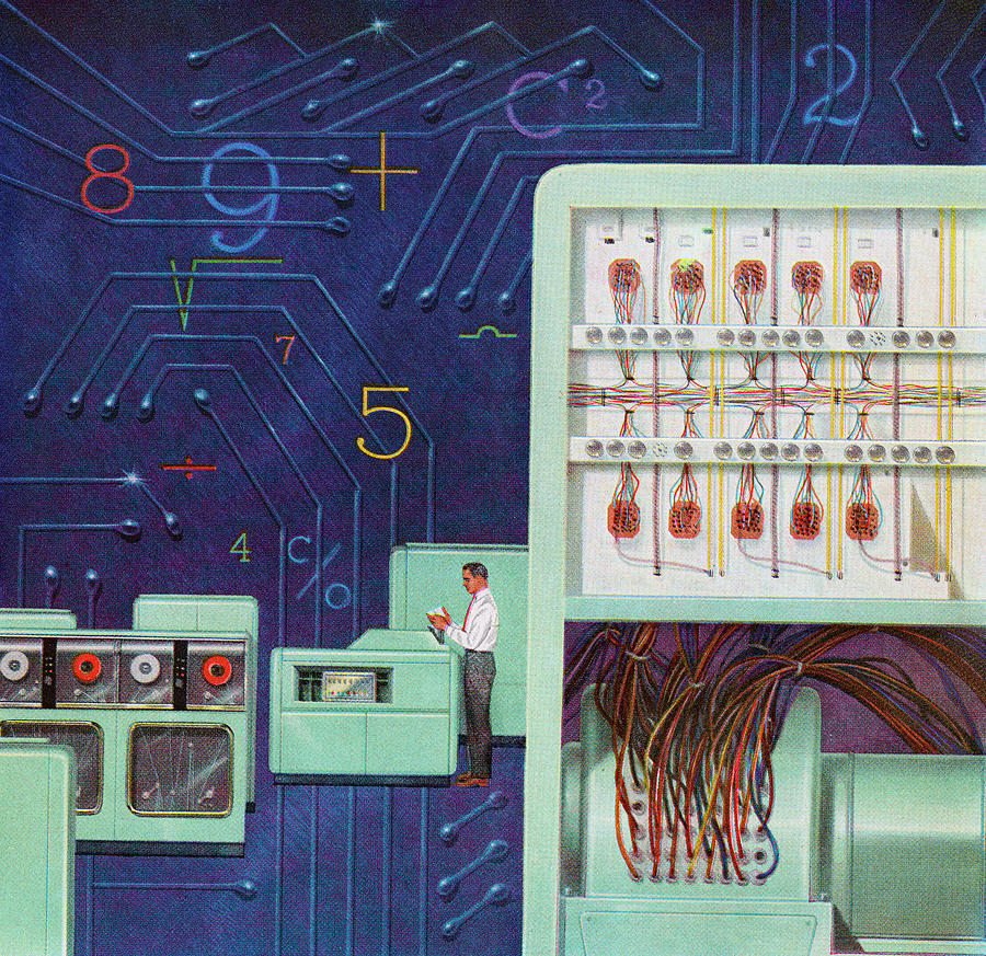 Vintage Drawing - Man Amongst Old Computers by CSA Images