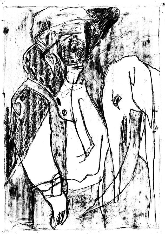 Man and an elephant Drawing by Edgeworth Johnstone