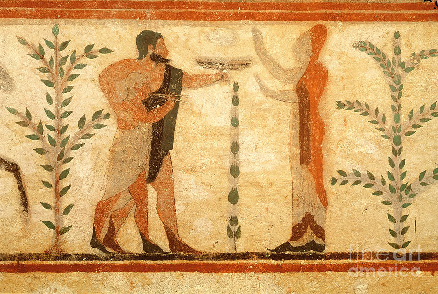 Etruscan Painting - Man And Child Before The Dead Heroisee, From The Tomb Of The Baron, C.500 Bc by Etruscan