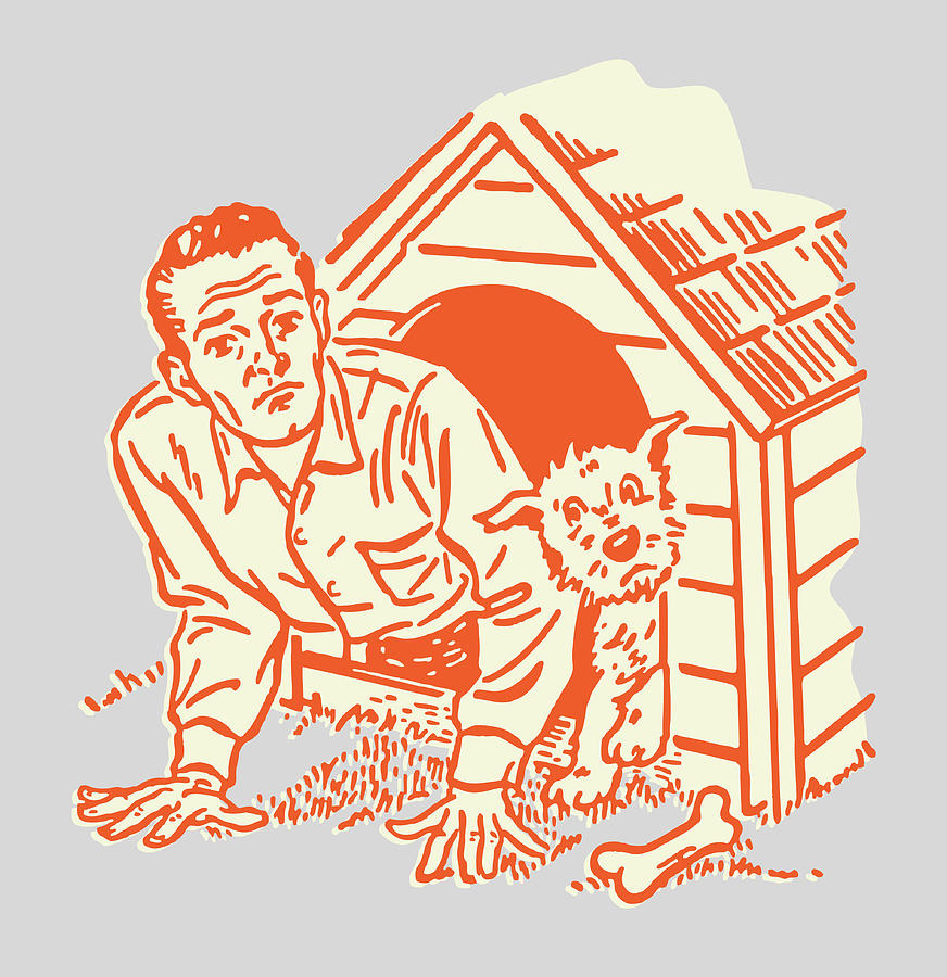 Vintage Drawing - Man and Dog in Dog House by CSA Images