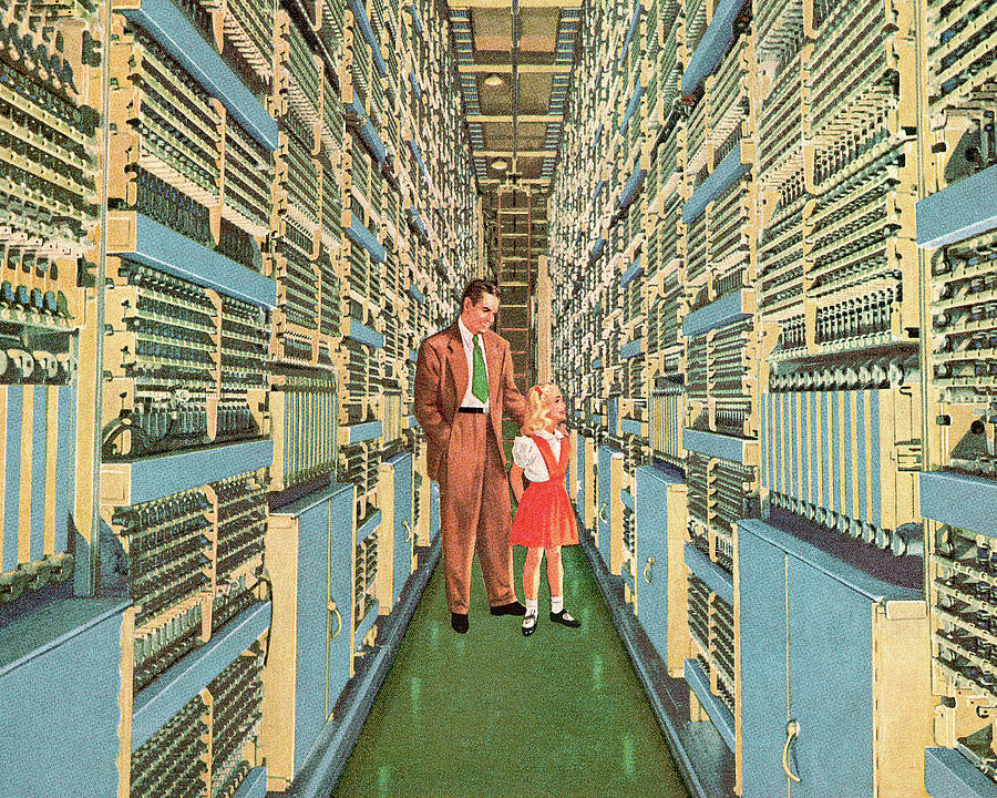 Vintage Drawing - Man and Girl Walking Through Aisle of Computers by CSA Images