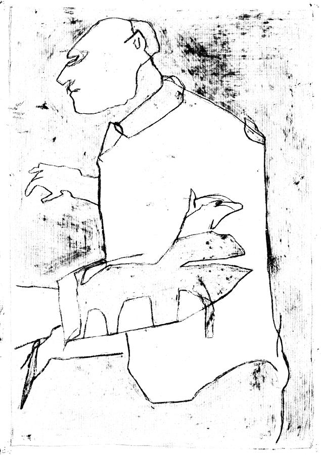 Man and his pet dog in ink Drawing by Edgeworth Johnstone