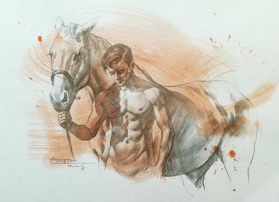 Man and horse#19228 Drawing by Hongtao Huang