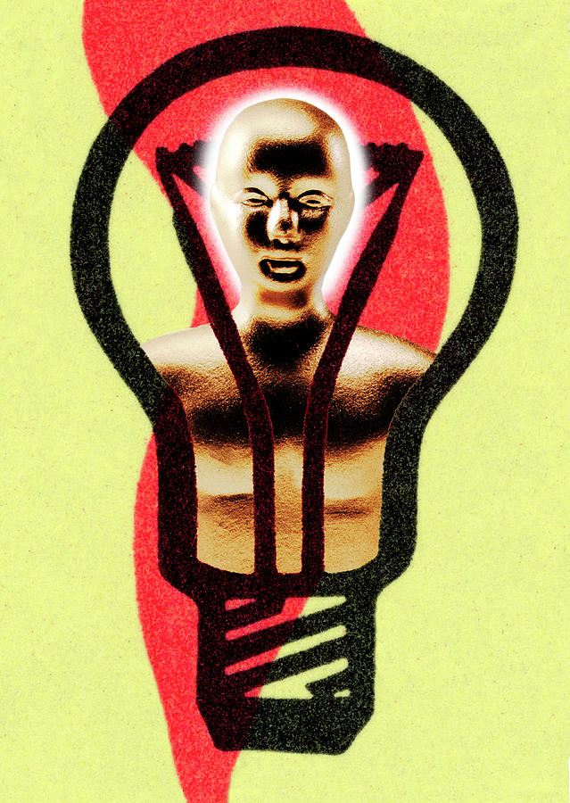 Vintage Drawing - Man and Lightbulb by CSA Images