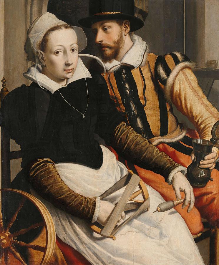 Man and Woman at a Spinning Wheel. Man en vrouw bij een spinnewiel. Painting by Pieter Pietersz -I-