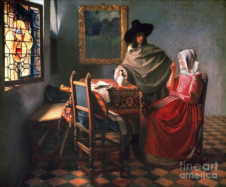 Jan Vermeer Painting - Man and woman drinking wine  AKG51693 by Jan Vermeer