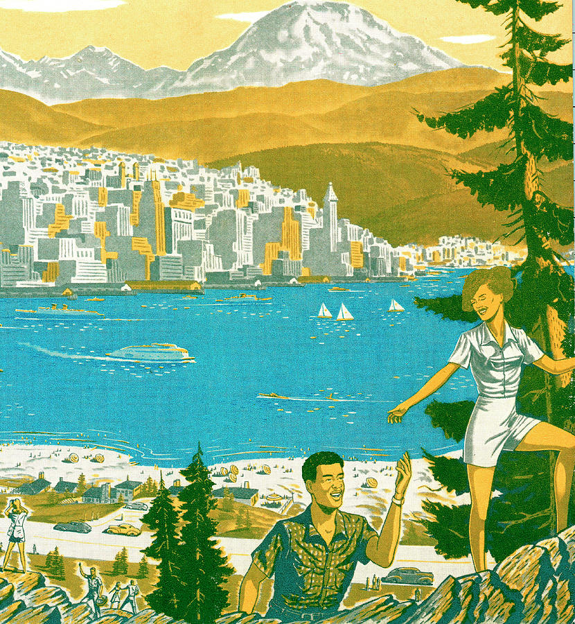 Vintage Drawing - Man and Woman Hiking with View of Lake City and Mountain by CSA Images