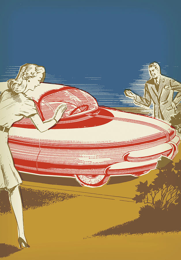 Science Fiction Drawing - Man and Woman Meeting By a Car by CSA Images