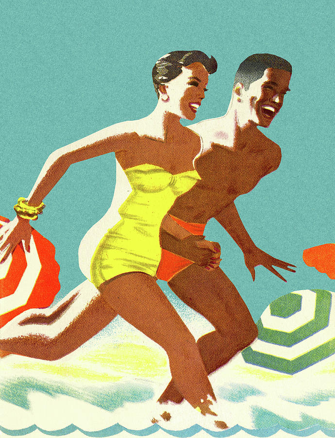 Summer Drawing - Man and Woman Running in Water on the Beach by CSA Images