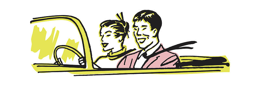 Summer Drawing - Man and Woman Taking Car Ride n a Convertible by CSA Images