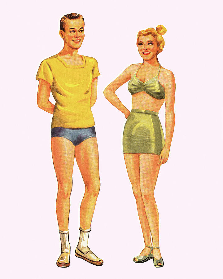 Vintage Drawing - Man and Woman Wearing Underwear by CSA Images