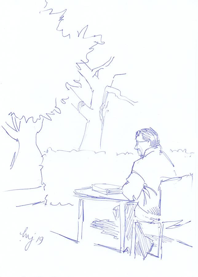 Man at library sat outside drawing by Mike Jory Man at library sat outside drawing by Mike Jory