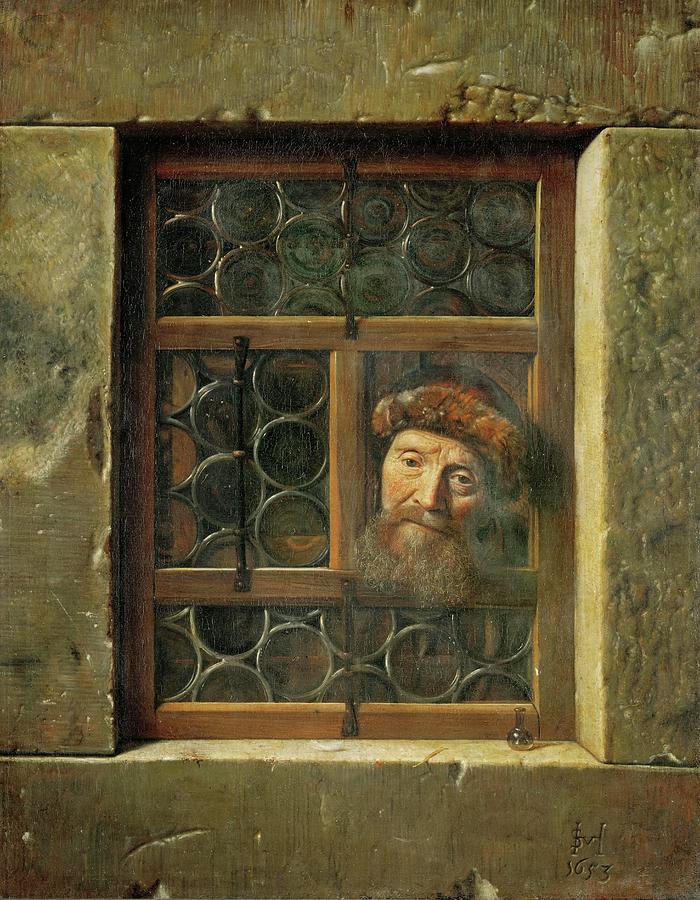 Man at the window, 1653 Canvas, 11 x 86,5 cm Inv. 378. Painting by Samuel van Hoogstraten -1627-1678-