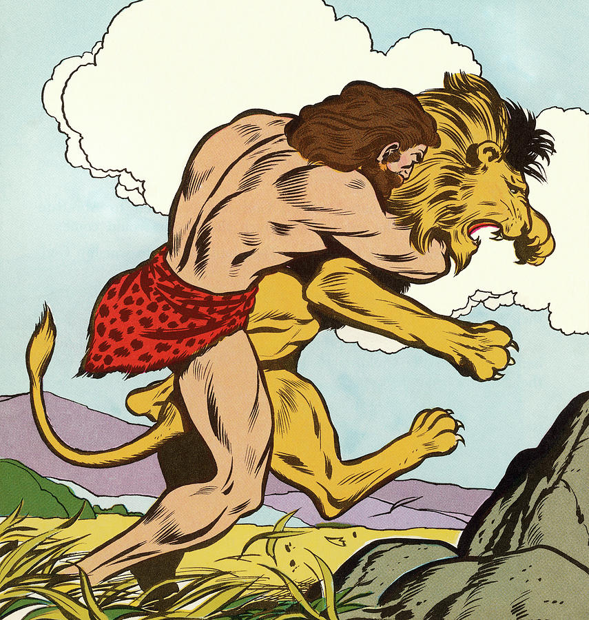 Jungle Drawing - Man Attacking Lion by CSA Images