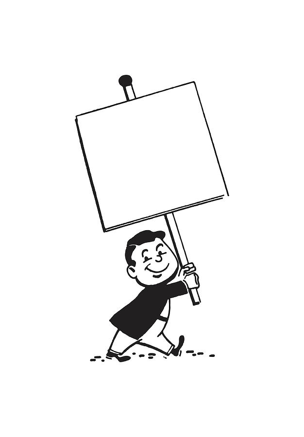 Black And White Drawing - Man Carrying Blank Sign on Stick by CSA Images