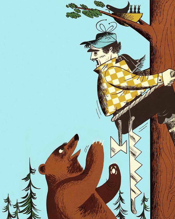 Nature Drawing - Man Climbing up Tree to Get Away From Bear by CSA Images