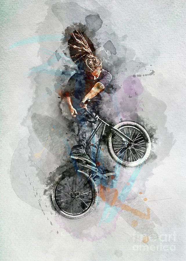 Cool Photograph - Man doing a stunt on his BMX bicycle in watercolors. by Michal Bednarek