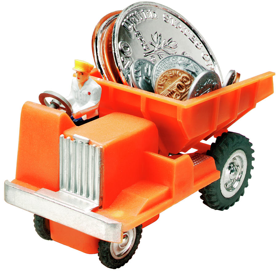 Transportation Drawing - Man Driving Coins in Dump Truck by CSA Images