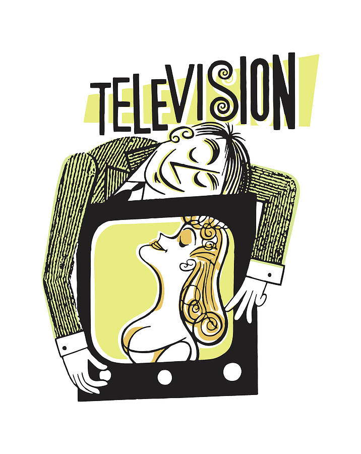 Vintage Drawing - Man Embracing Television by CSA Images