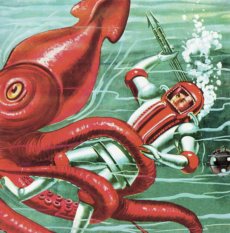 Vintage Drawing - Man Fighting Giant Squid by CSA Images